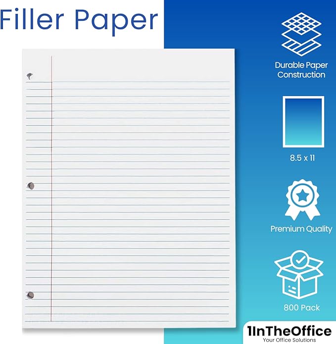 1InTheOffice College Ruled Filler Paper, Loose Leaf, 8.5" x 11", 3-Hole Punched, White, 800 Sheets – Bulk Lined Paper for School, Office, Binders