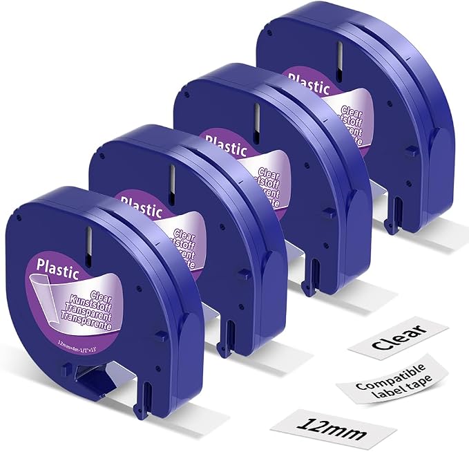 16952 Compatible with Dymo Letratag Refills Clear Plastic Label Maker Tape | Replacement for Dymo Letra tag Label Maker Refills for LT-100T LT-100H Plus 200B, 4-Pack