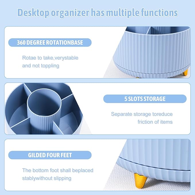 Gawsey Desk Organizers and Accessories Set with 360-Degree Rotating Pen Holder, Tape Dispenser, Stapler, Staple Remover, 1000 Staples, Tape, Clips Set, Ruler, Scissor, Pen (Blue)