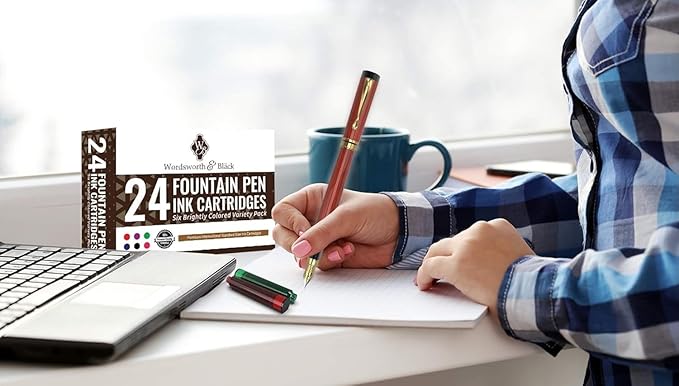 Wordsworth & Black 24 Pack Fountain Pen Ink Refills - Set of 24 Assorted Ink Cartridges - International Standard Size - Length APPR 2.3" - Base Diameter APPR 0.24" - Disposable and Generic