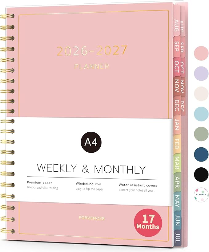 Aug 2026 - Dec 2027 Planner, Forvencer 17 Month Academic Planner 2026-2027, 8.5" x 11", Calendar Planner Weekly and Monthly, Daily Agenda Book, College School Supplies for Student Teacher, A4, Pink