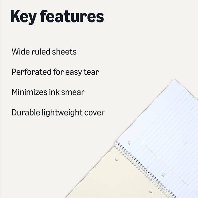 Amazon Basics Wide Ruled Spiral Notebooks, 70 Sheets, 7-1/2" x 10-1/2", Perforated, Assorted Primary Solid Colors, 3 Pack