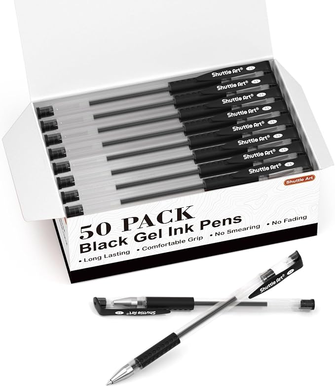 Shuttle Art Black Gel Pens, 50 Pack Fine Point Black Ink Pens Bulk, 0.5mm Rollerball Gel Ink Pens Smooth Writing with Comfortable Grip for Office, School and Home