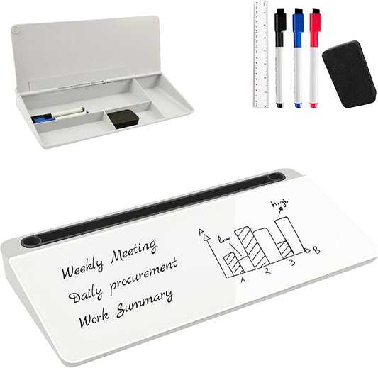Desktop Whiteboard, Glass Dry Erase Board, Desk Board Buddy,Computer Keyboard Stand,Desk Whiteboard Organizer for Home,Office,School Supplies(Black & White)