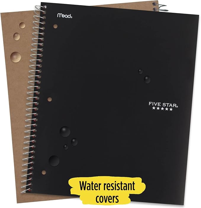 Five Star Spiral Notebook + Study App, 3 Subject, College Ruled Paper, Fights Ink Bleed, Water Resistant Cover, 8-1/2" x 11", 150 Sheets, Black (72069) (Pack of 2)