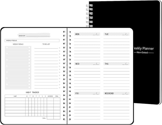 TREES Undated Weekly Planner, Weekly To Do List Notebook with Goal & Habit Tracker Organizer, A5 5.8"" x 8.0"" Weekly Planner Notebook with Spiral Binding for Men or Women, Black