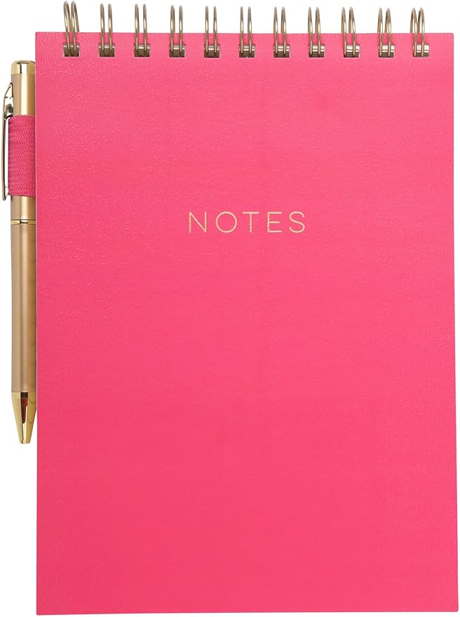 Eccolo Lined Top Spiral Notebook, Flexi-Cover Steno Pad with Pen Included and Pen Loop (240 Perforated Pages), "Notes" A5 Notepad Ideal for Note Taking in School, College or Work (Pink, 6x8.5 Inches)