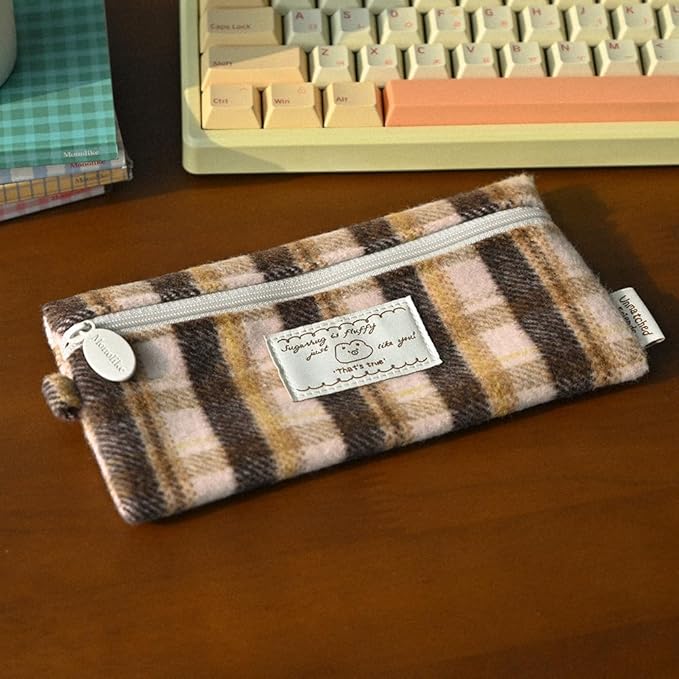 Monolike Unmatched Friends Old Check Pencil Case, Brown - Pencil Pouch, Portable Pencil Bag, Pencil Case, Office Pouch case, Cushion, Soft, Vintage