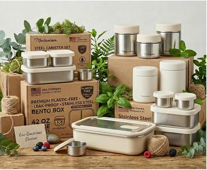 Modaniam Flexibento - 40 OZ Set -Leak proof Stainless Steel Lunch Box Containers, Lunch Containers with Silicone Lids,Steel Bento Box,Metal lunch Box, Vanilla set of 3, 1 * 40OZ + 2 * 9 OZ