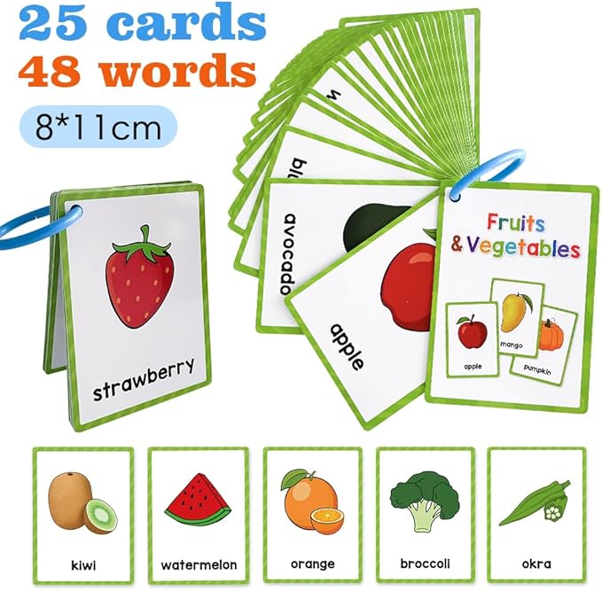 Lachilly Fruits and Vegetables Learning Flashcards, High Frequency Words, Beginning Reading, Kindergarten, ESL Teaching Materials, Autism Learning Materials, Vocabulary Building, 25 Cards, 48 Words