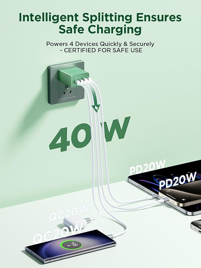 USB C Wall Charger, 40W Fast USB C Charging Block 4-Port PD Power Adapter + QC Wall Plug Multiport USB Charger Type C Charging Block Cube for iPhone 17 16 15 14 13 12 11 Pro Max XR XS 8 7