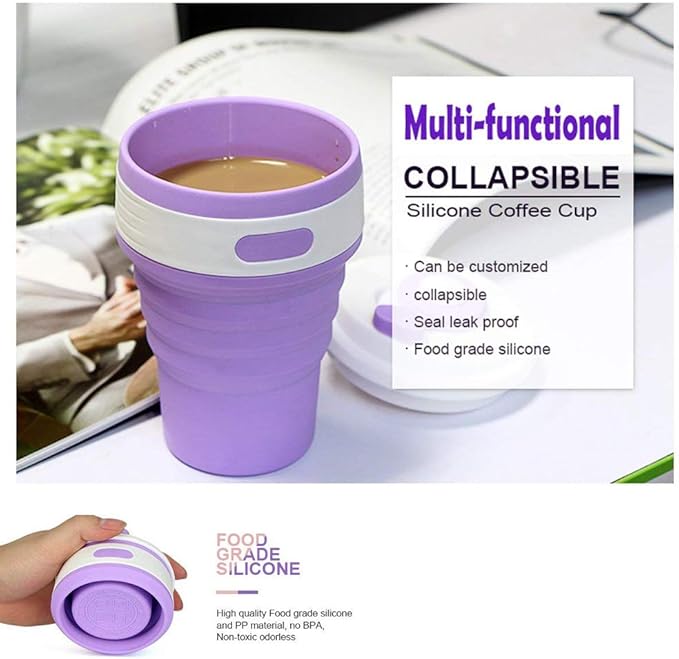 Fullgaden Silicone Collapsible Travel Cup,Portable Drinking Mug with Lid, Water, Coffee, Coca Cola and Snacks for Hiking, Camping, Picnic, Purple
