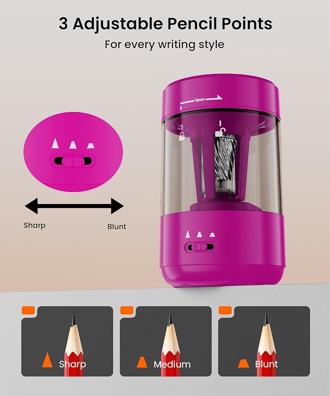 Electric Pencil Sharpener for Classroom, Fully Automatic, Magenta Pink