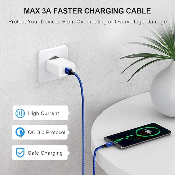 etguuds USB A to USB C Cable 6.6ft, 2-Pack, 3A Fast Charging Type C Charger Cord for iPhone 17 16 15 Pro Max 16e 17 Air, Samsung Galaxy S25 S24 S23 S22 S21 S20 A17 A16 A56 A55 Flip Fold, Blue