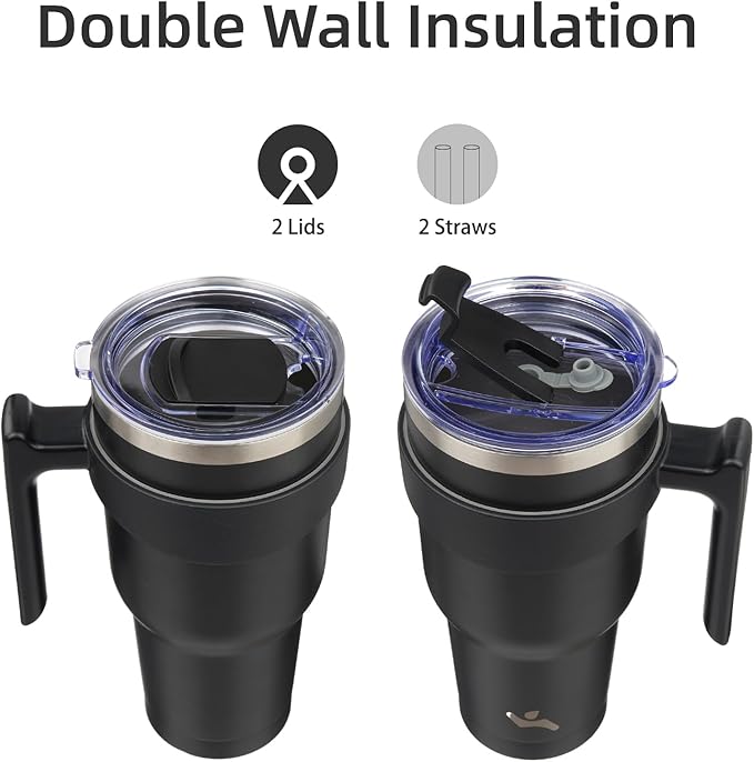 Konokyo 30 oz Tumbler with Handle and 2 Straw 2 Lid, Insulated Water Bottle Stainless Steel Vacuum Cup Reusable Travel Mug,Black