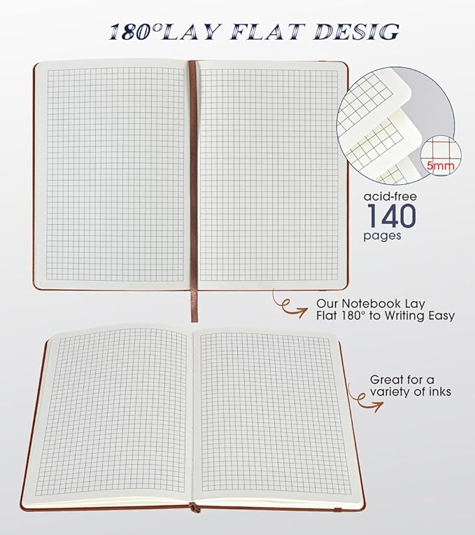 Biuwory Graph Paper Notebook Journal for Women Men,140 Pages Hardcover Grid Notebooks for Work & School,Leather Journals for Writing, Graphing Paper Notebook 5.7"×8.3" (Brown)