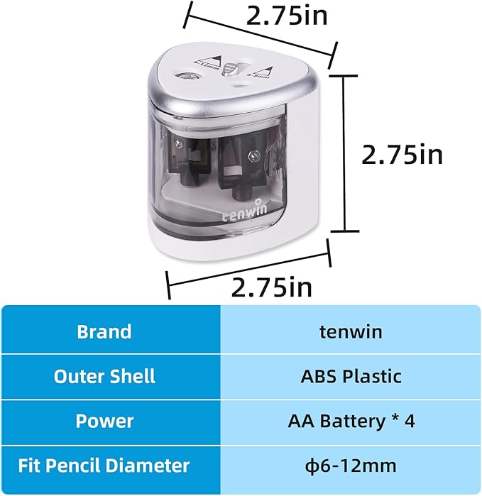 tenwin Electric Pencil Sharpener for Colored Pencils, Battery Operated Pencil Sharpeners for No.2 and 6-12mm Pencils, Dual Hole for Office School Artists Adults Kids Use（Silver）