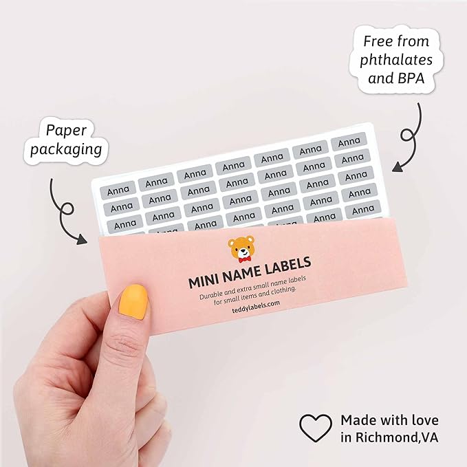 Mini Name Labels (175) - Custom Personalized Name Labels for Labeling Tiny Items, Washer and Dryer-Safe Waterproof Labels for Daycare, Preschool, and School - Grey