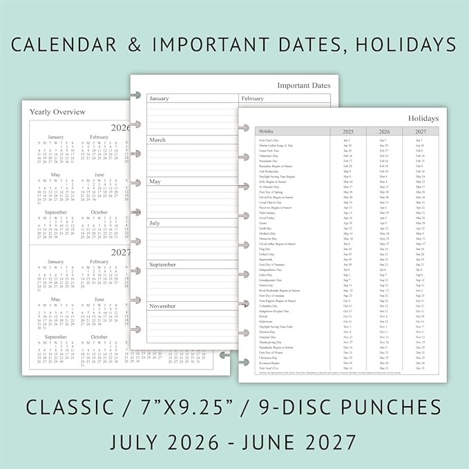 2026-2027 Planner Refills for Happy Planner Classic Notebook, Weekly & Monthly, Jul 2026 - Jun 2027, 7" x 9-1/4", 9-Disc Pre-punched