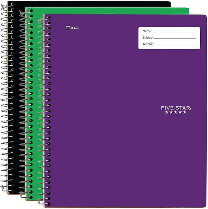 Five Star Interactive Notetaking Spiral Notebooks, 3 Pack, 1 Subject, College Ruled Paper, 11" x 8-1/2", 100 Sheets, Black, Green, Purple (820017-ECM)