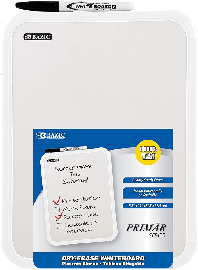BAZIC Products Dry Erase Lap Board & Marker, 8.5x11 Inch Whiteboards Small Portable for Teacher Memo Drawing, 12-Pack