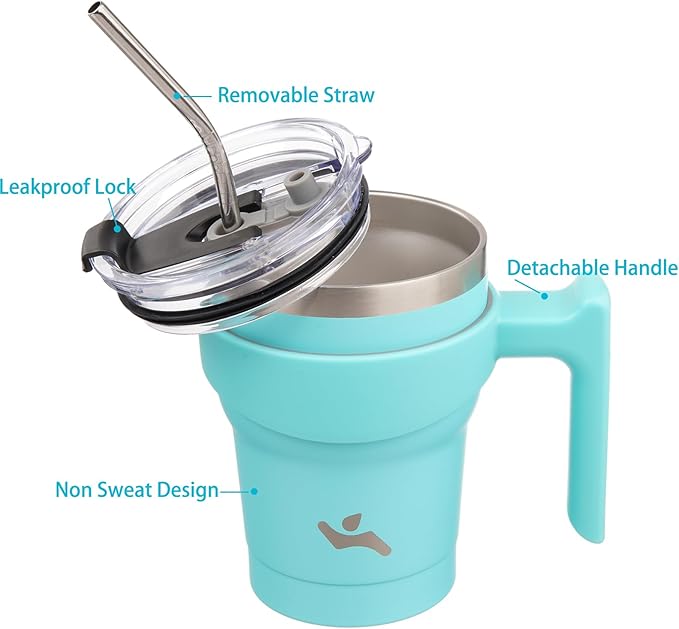 Konokyo 10 oz Tumbler with Handle and 2 Straw 2 Lid, Insulated Water Bottle Stainless Steel Vacuum Cup Reusable Travel Mug,Turquoise