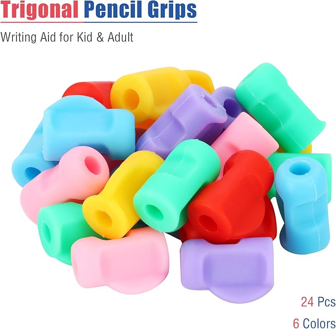 24 Packs Silicone Pencil Grips with 6 Colors, Pencil Holders for Kids Handwriting, Ergonomic Pencil Grippers for Adults Writing Aid, Toddler Pencil Cushion, Triangle Gel Pen Grips