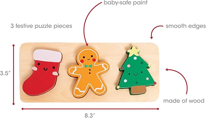 Pearhead 3 Piece Set Wooden Holiday Puzzle, Kids Christmas Toy, Stocking Stuffer for Children, Holiday Ideas