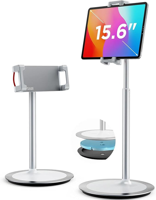 SAIJI iPad Stand for Desk - Tablet Holder Extra-Height 360° Rotating Adjustable Aluminum Alloy Cradle for 4.7"-15.6" iPhone Samsung Kindle Portable Monitor (Silver)