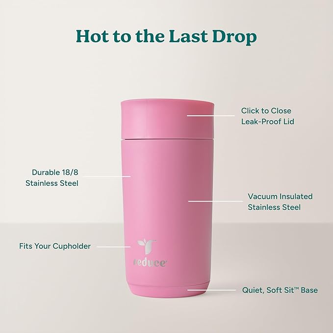 REDUCE Perk 10oz Insulated Coffee Tumbler – Leak-Proof with Lockable Lid and Vacuum Insulation–Durable Stainless Steel–Fits Car Cup Holders–One-Handed Travel Mug in Sand Leopard Print - Rosebud