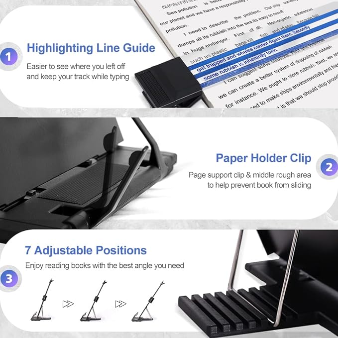 OSPNIEEK 2 Pack Desktop Document Holder Stand with 7 Adjustable Position, Black Metal File Organizer Copyholder for Typing Speech Reading A4 Letter Music Book Tablet Office, with Paper Clip Line Guide
