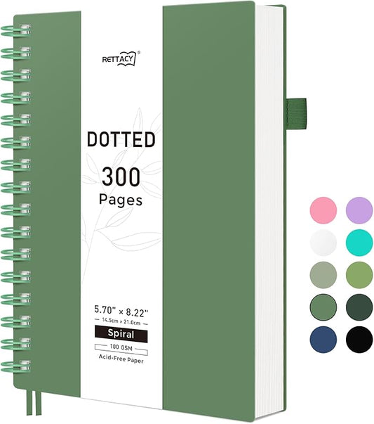 RETTACY Dotted Journal Notebook, 300 Pages, A5 Medium Size (5.7'' × 8.2''), 100 GSM Thick Paper, Flexible Plastic Cover, Spiral-bound, for Journaling, Planning, Tracking (Dark Green)