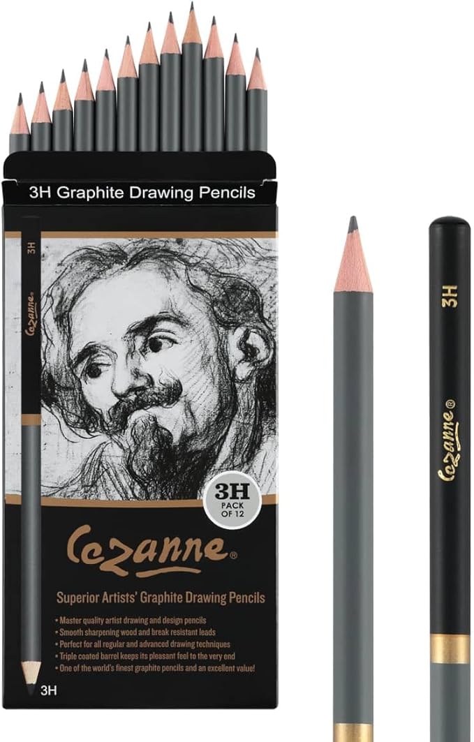 Cezanne Graphite Drawing Pencils Set - 3H, Set of 12 Break-Resistant Graphite Lead, Easy-to-Sharpen Sketch Pencils, Master Artist Quality Graphite Pencils for Technical and Artistic Drawing