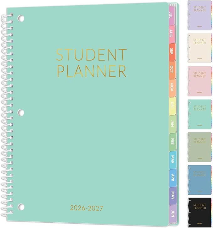 SUNEE Student Planner 2026-2027, Academic Weekly & Monthly School Planner, July 2026 - June 2027, 8.5" x 11" Lesson Plan Book with Weekly Goals, Monthly Tabs, Bookmark & 3-Hole Punch, Mint Green