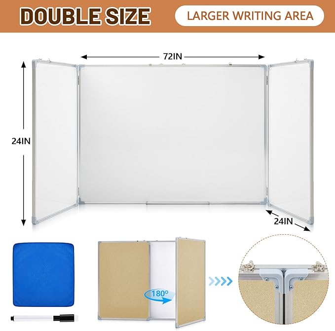 Mooliwe 72"x24" Tri-fold Cork Board Whiteboard, Foldable Combination Magnetic Dry Erase Bulletin Board & Corkboard with Aluminum Frame Wall Mounted for Home, Office and School(Beige)