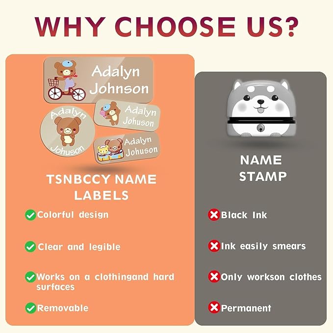 Custom Personalized Name Labels for Kids-(200-1000Labels) Waterproof Name Stickers Tags for School&Daycare,Clothing Tags,Washable&Durable Labels for Lunch Boxes, Bottles,Toys&GEA (Bear)