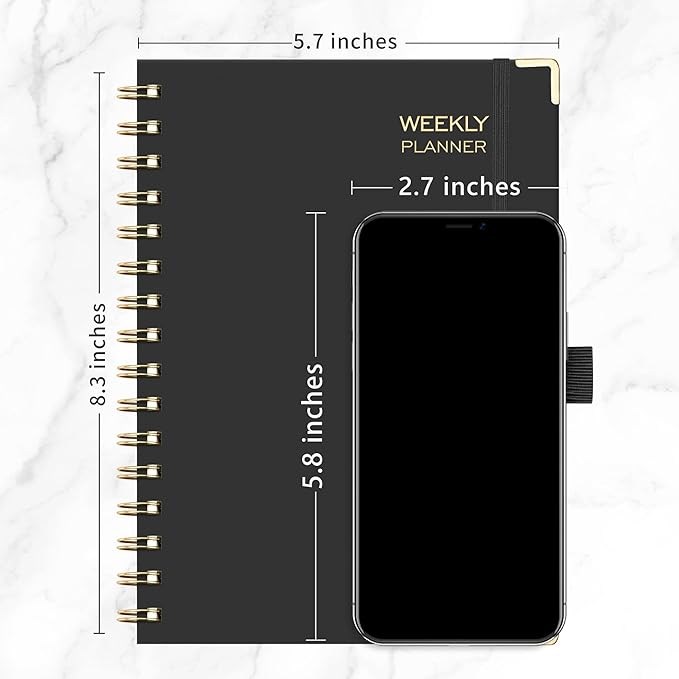 RETTACY Undated Planner, Weekly and Monthly, 53 Weeks and 12 Months, Medium Size (5.7" x 8.3"), 24 Self-adhesive Monthly Tabs, Hardcover, 100 GSM Thick Paper, Spiral-bound (Black)