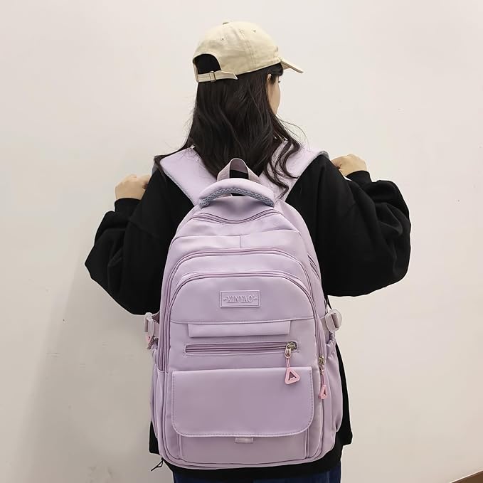 PRLINJSK Girls Backpack for College High Middle School Student, Cute Aesthetic Bookbag for Teens Women with Accessories，Purple