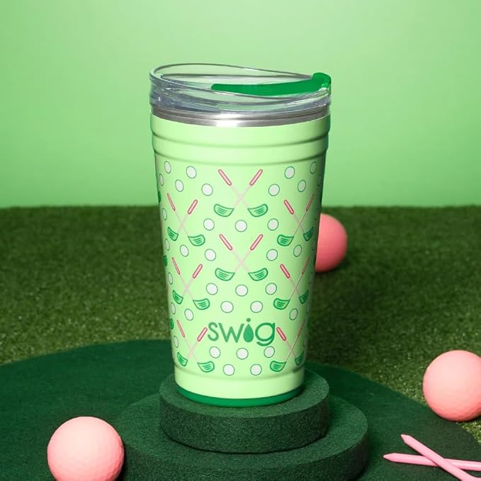 Swig Life 24oz Party Cup, Stackable Insulated Travel Coffee Tumbler with EZ Slider Lid, Cup Holder Friendly, Stainless Steel 24 oz Tumbler, Reusable Coffee Mug (Tee Time)