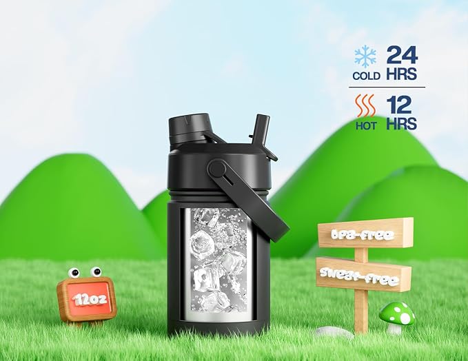12 oz Kids Leakproof Water Bottle: 2-in-1 Straw Spout Lid, BPA-Free, Easy Carry, Keep Cold 24H, Cupholder Friendly, Stainless Steel Cup for Summer Camp, Playground, Trip, Birthday Gift (Dark Knight)