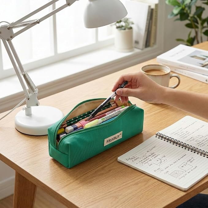 Cotton Canvas Pencil Case & Pen Pouch - Small Stationery Bag Green | Thick canvas pouch organizer with smooth alloy zipper. Cute cosmetics make up holder for school girls and boys.