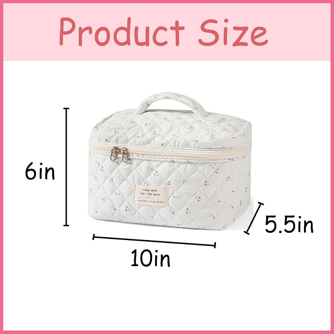 uekeboag Large Travel Quilted Makeup Bag for Women | Soft Floral Cotton Cosmetic Bag, Foldable Coquette Aesthetic Toiletry Organizer