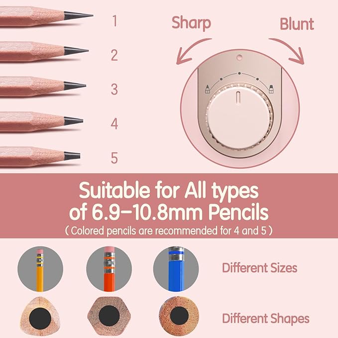 Electric Pencil Sharpener, Fully Automatic Pencil Sharpener for 6.9-10.8mm Colored/Jumbo Pencils, Auto in & Out, Rechargeable Hands-Free Sharpener for Classroom Home Office, Pink