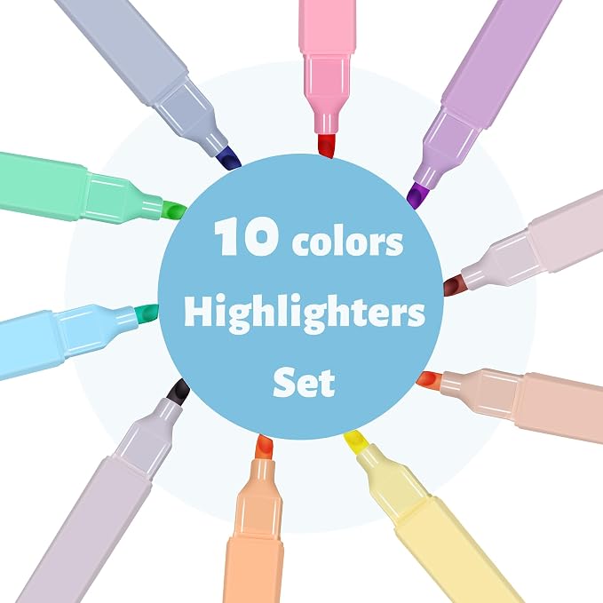 Piochoo Highlighters,10Pcs Bible Highlighters,Chisel Tip Bible Markers,Pastel Purple Highlighter for Journaling Planner Notes School Supplies, assorted colors no bleed Pens