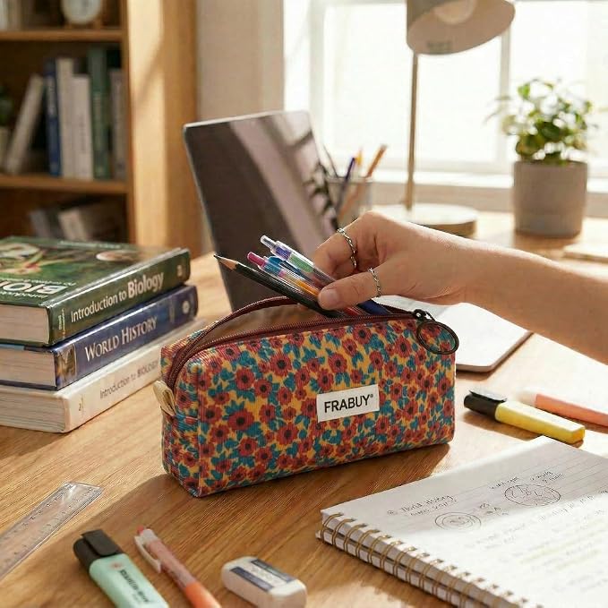 Soft Corduroy Pencil Case Pen Pouch Organizer, Small Stationery Bag | Cute red flower zipper pencil pouch, smooth zipper, daily cosmetics holder, compact organizer for school teen girls, women