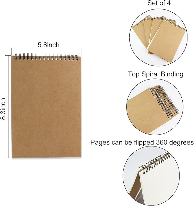 4 Pack Graph Paper Notebook, A5 Top Wirebound Grid Spiral Notebook 5.8" x 8.3",60 Sheets,5mm x 5mm Grid Paper,Grid Notepad for Students, Math, Engineering (Kraft)