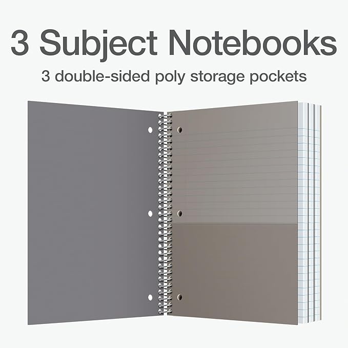 Oxford 3 Subject College Ruled Notebook 8.5x11, Water Resistant Cover, 150 Sheets, Blue Green & Grey, Pack Of 3