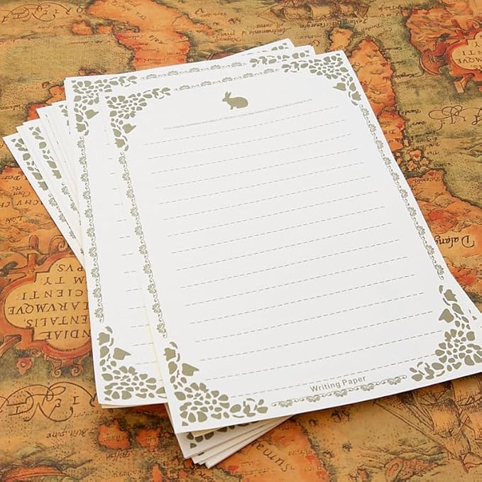 100 Sheets Rabbit Stationery Lined Paper,A5 Stationery Writing Paper with Antique Border Design,Letter Size (Unpunched) Ruled Filler Paper for Writing Letters,Vintage Invites (White)