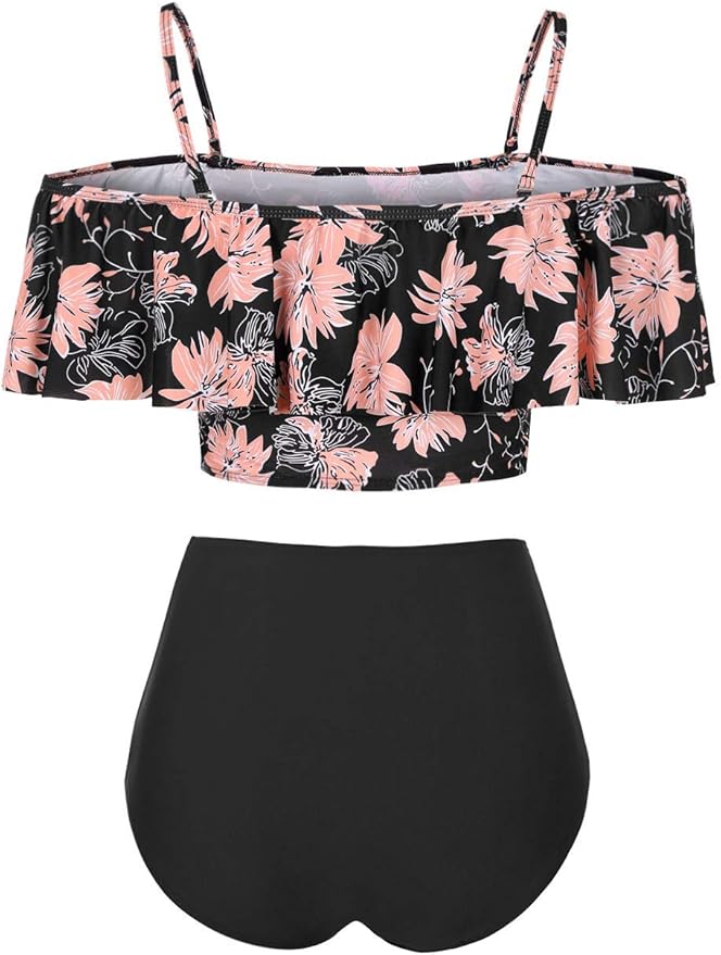 Kaei&Shi High Waisted Flounce Bikini Set,Tummy Control Swimsuits for Women,Off Shoulder