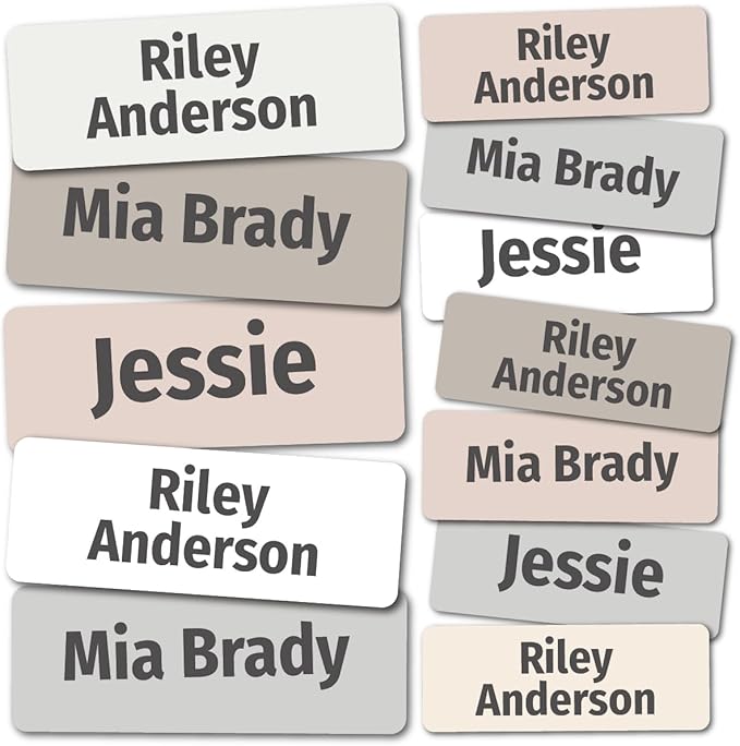 Kids Personalized Name Labels for School, Camp, Daycare (128 Labels) Custom Peel and Stick Waterproof Name Tags Stickers for Water Bottles, Lunch Boxes, Clothing, School Supplies (Neutral Colors)